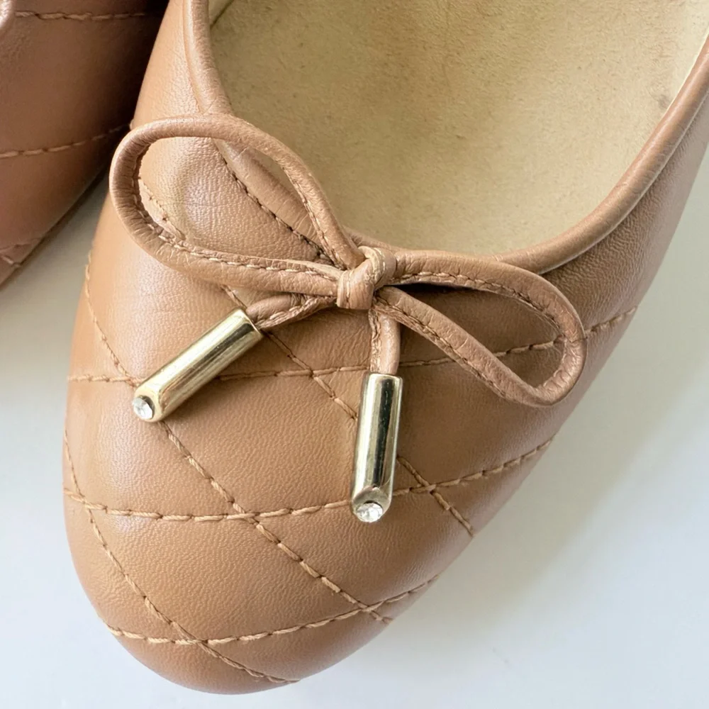 Stuart Weitzman Quilty Wedge in Camel / Tan Leather with Rhinestone Detail Bow 8 - Picture 11 of 16